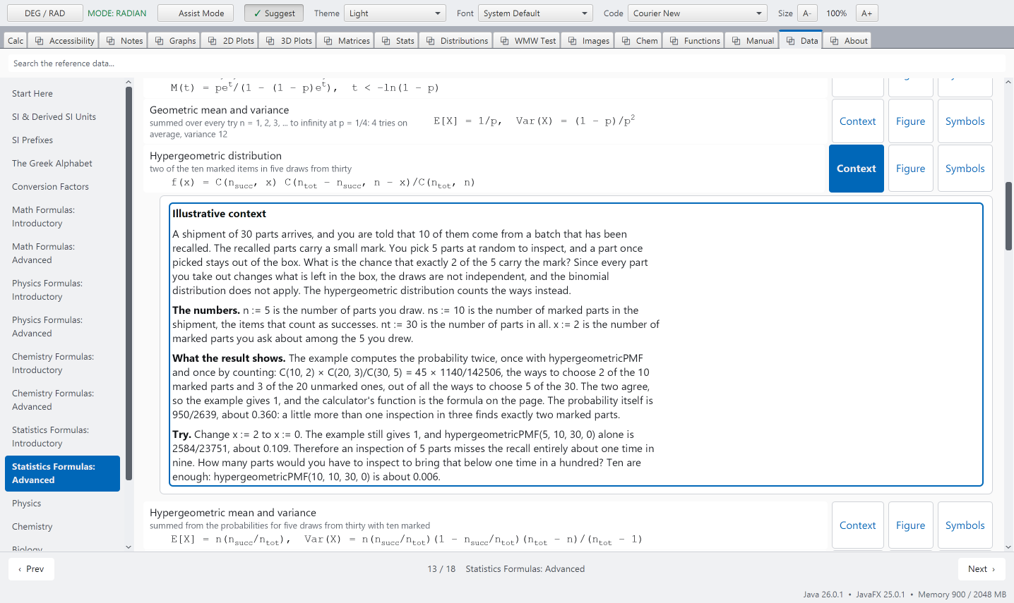The advanced Statistics Formulas page with the illustrative context open under the Hypergeometric distribution row: a shipment of 30 parts with 10 recalled, 5 drawn at random, then The numbers, What the result shows and Try