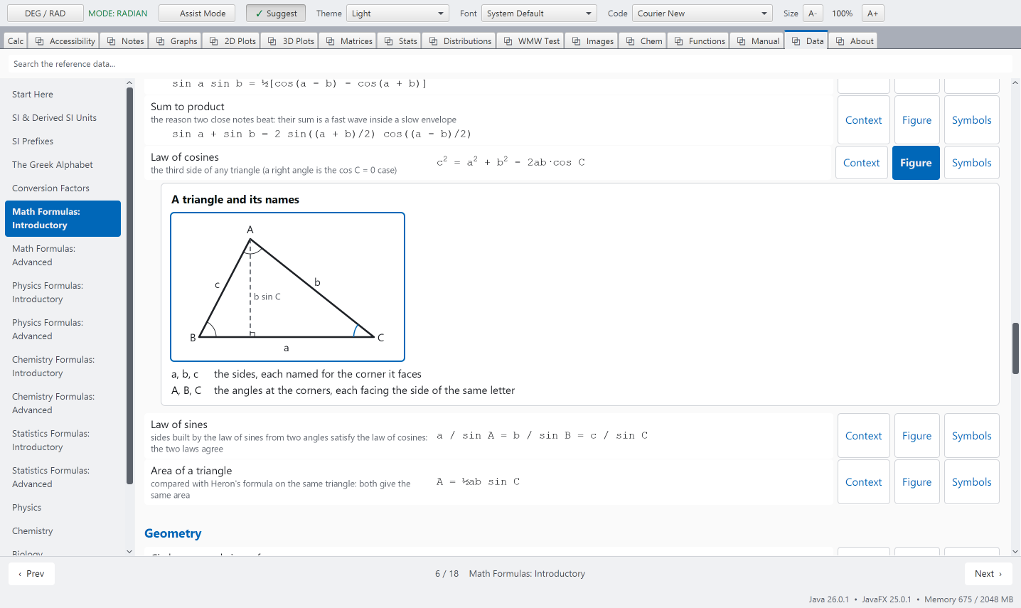 The introductory Math Formulas page with the figure open under the Law of cosines row: a triangle with its sides a, b, c and its corners A, B, C named, and a legend under it