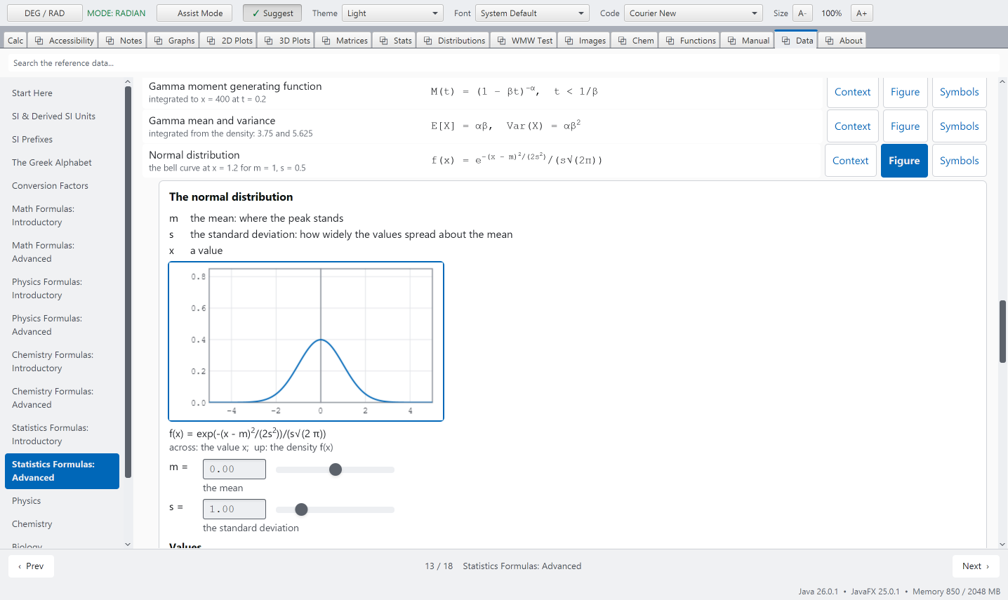 The advanced Statistics Formulas page with a live graph open under the Normal distribution row: the bell curve, and under it sliders for the mean and the standard deviation