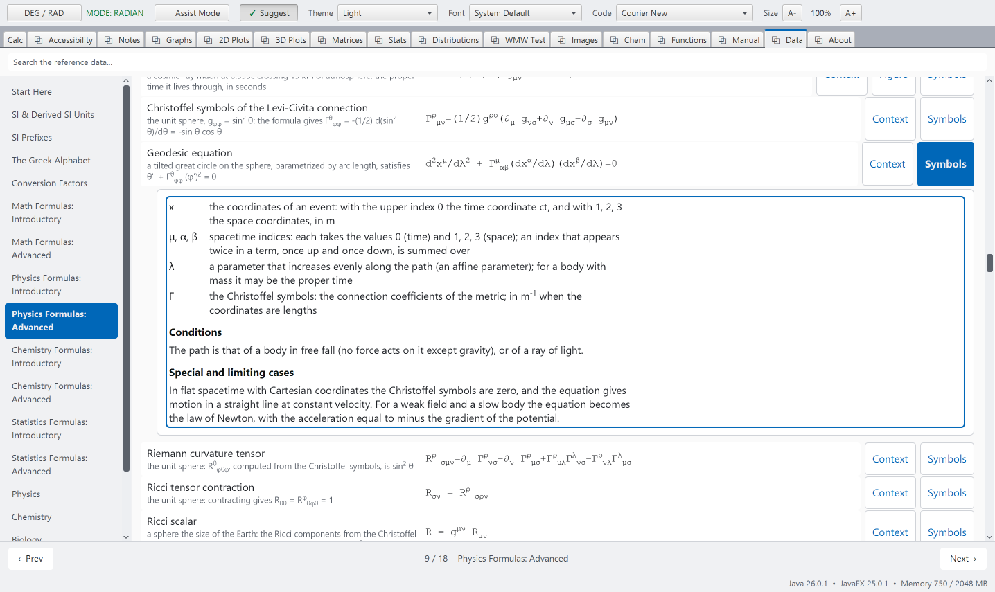 The advanced Physics Formulas page with the list of symbols open under the Geodesic equation row: the coordinates, the indices, the parameter and the Christoffel symbols, then the conditions and the limiting cases