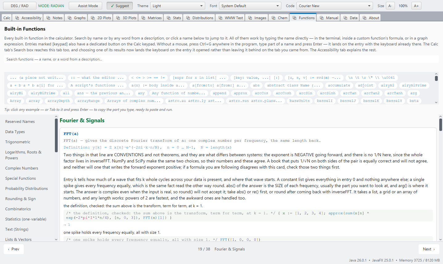 The Functions tab open at the Fourier and Signals page, showing the FFT card with its usage line, its written-out definition, and worked examples in colored code beneath each one