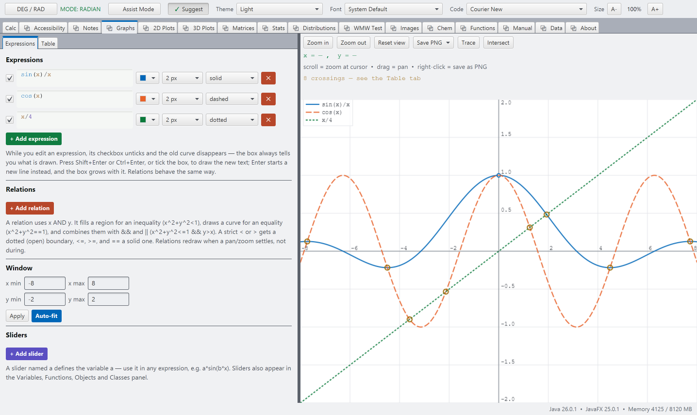 The Graphs tab with a readout open, tracing a curve and showing its coordinates beside the plot