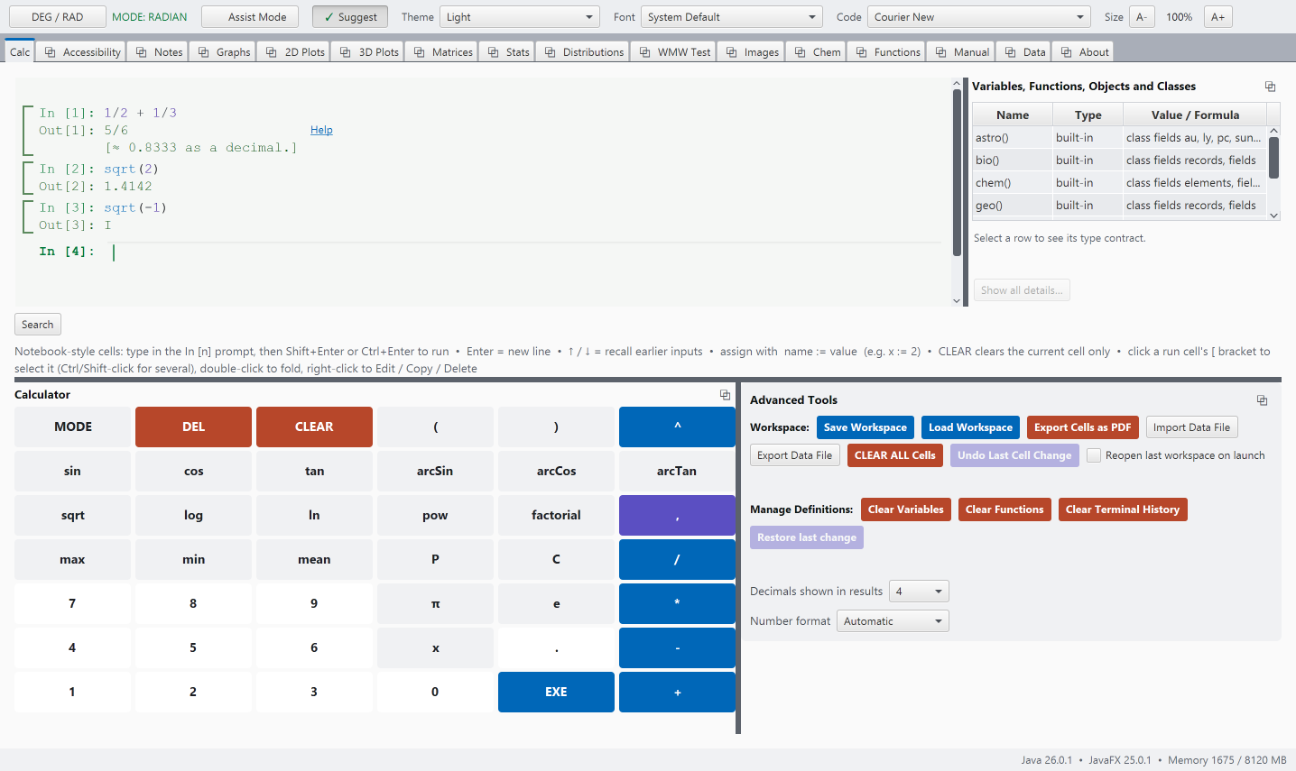 The Srivus Scientifica calculator with a worked session on screen