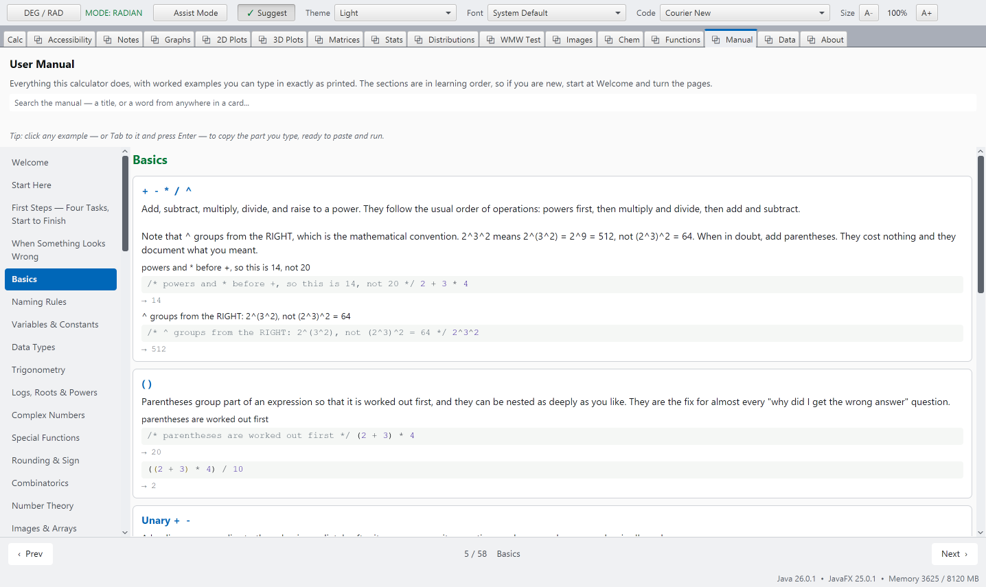 The Manual tab open at a chapter with a worked example