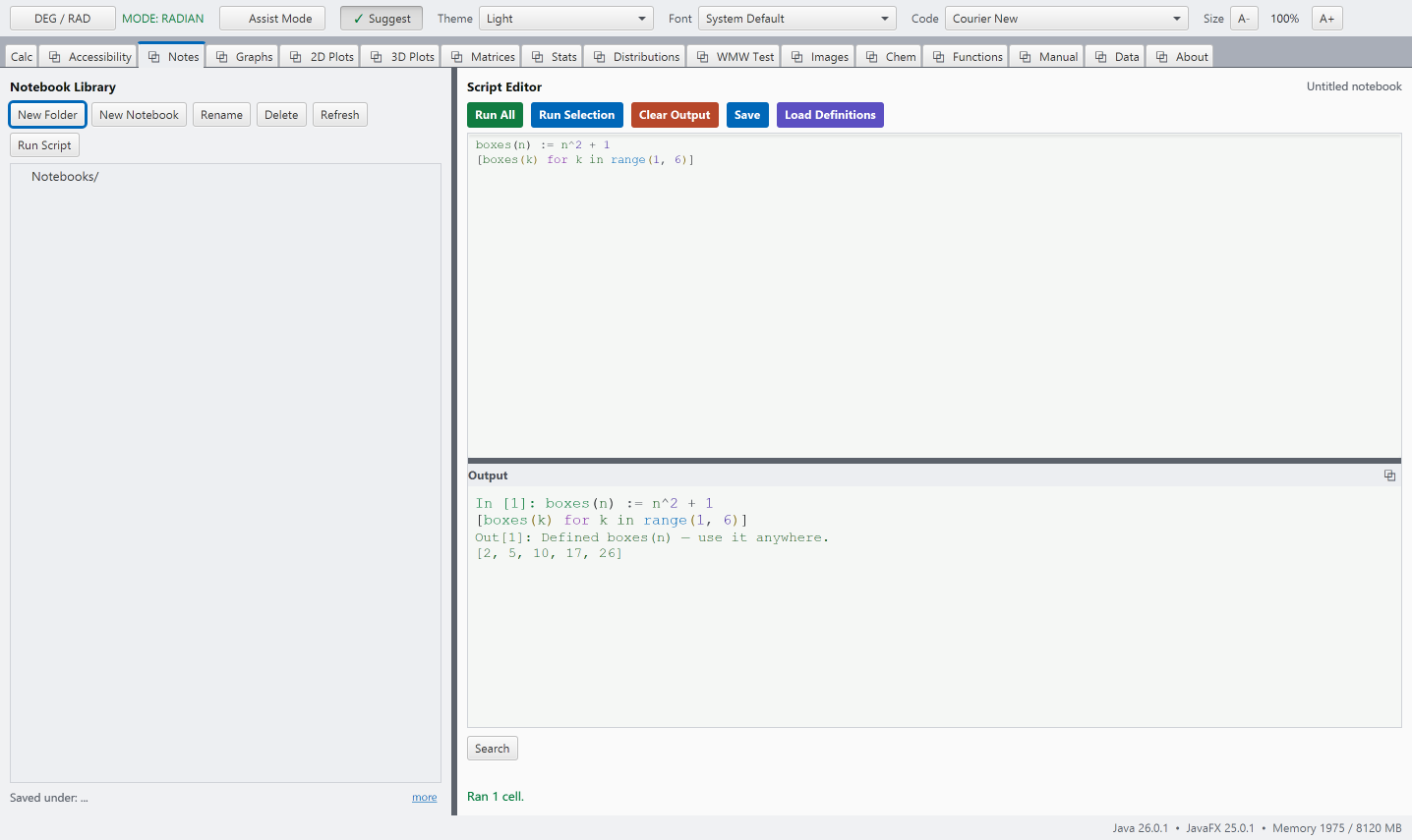 The Notes tab with a small program and its output