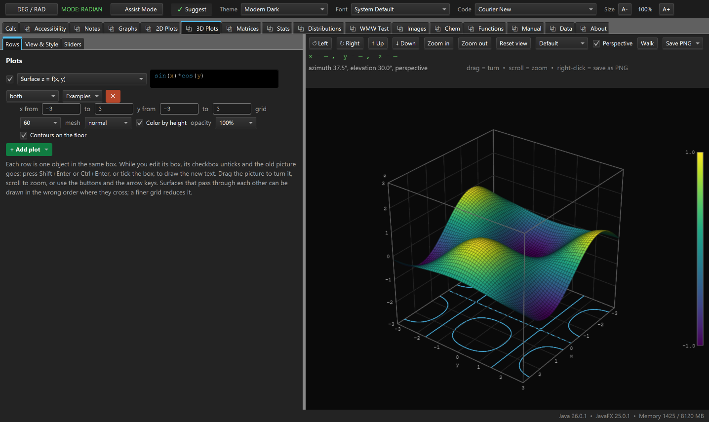 The 3D Plots tab showing the surface sin(x) times cos(y) in perspective, colored by height with its color scale beside it, and the same function's contour lines drawn on the floor of the box underneath
