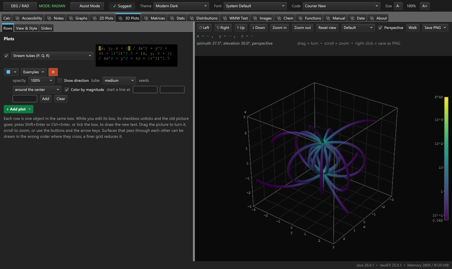 The 3D Plots tab drawing a bar magnet's field as stream tubes: the tubes loop from the north pole at z = 1 round to the south pole at z = -1, colored by the strength of the field from purple far out to yellow at the poles, with a logarithmic colorbar beside the box