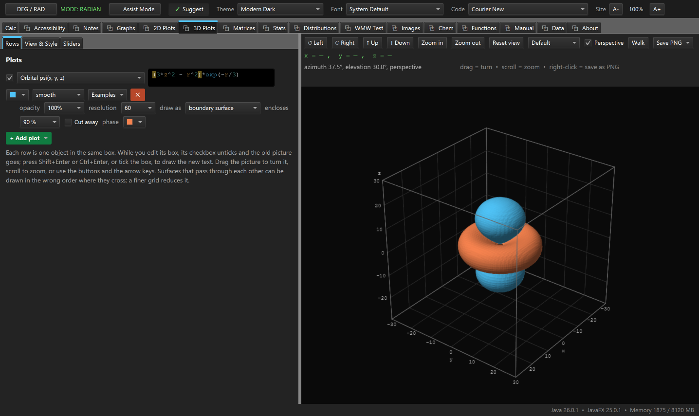 The 3D Plots tab drawing the 3d z-squared hydrogen orbital as the surface enclosing 90 percent of the electron's probability: two lobes along the z axis in the row's blue, and a ring around the waist in the orange phase color