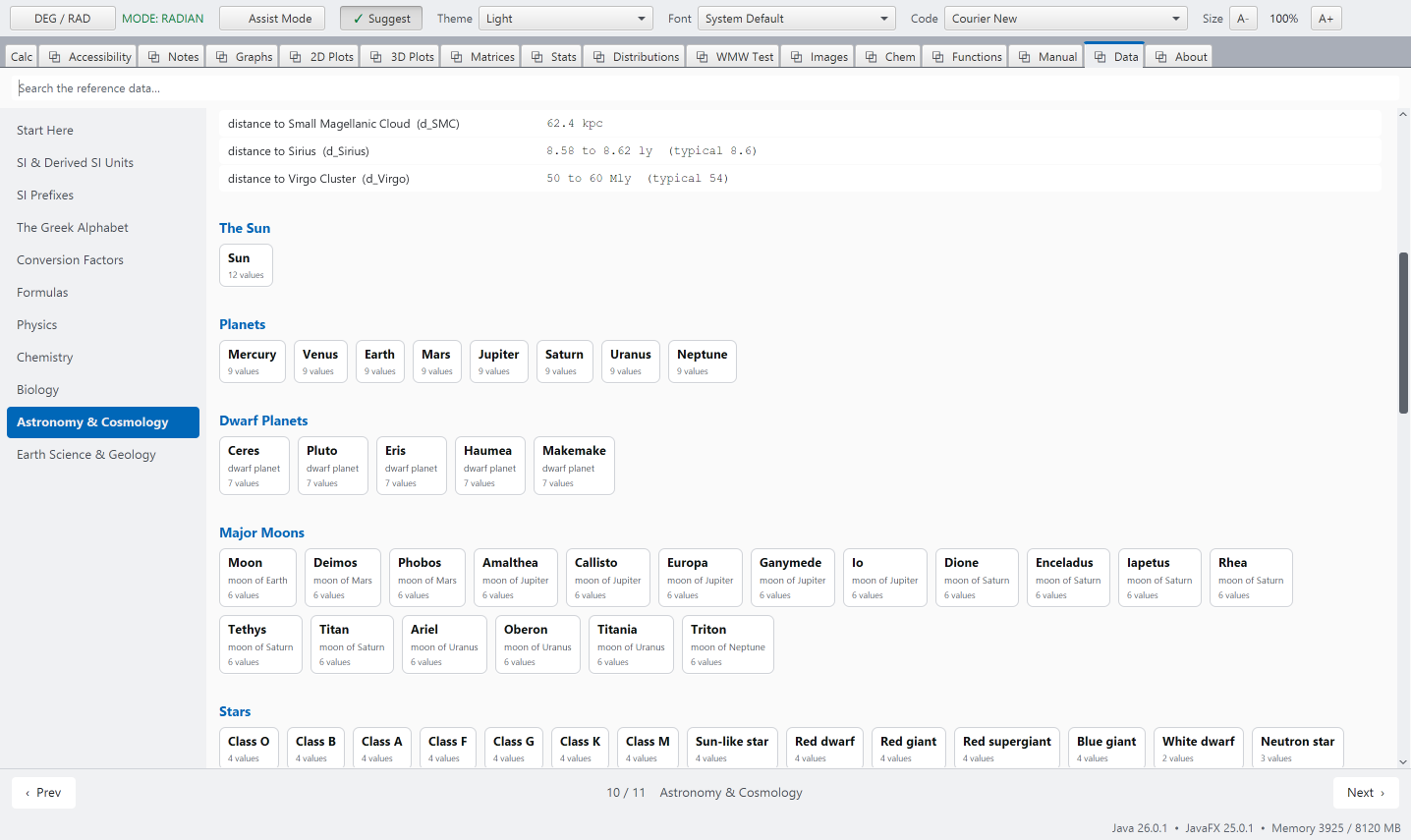 The Data tab, with a page of constants showing and one planet tile open as a pop-up listing its values