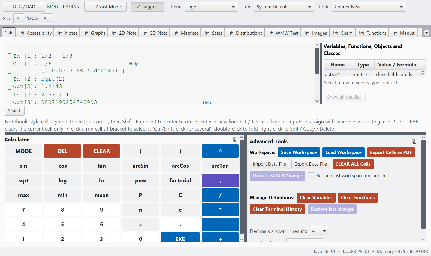 The same system at 130 percent text size, with Assist Mode off: the transcript, variables panel and keypad all re-laid out around the larger type
